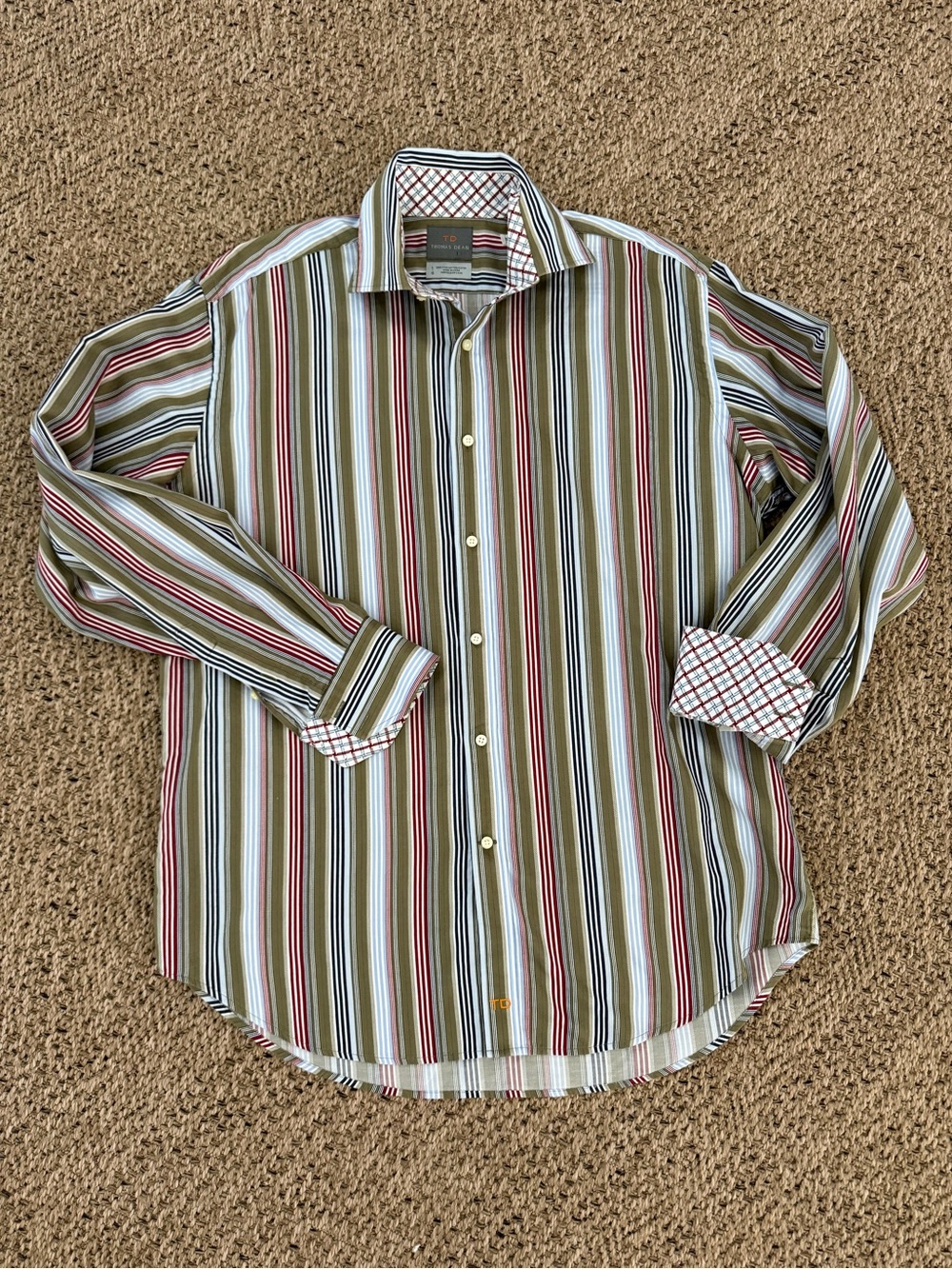 Thomas Dean Olive, Red & White Striped Dress Shirt